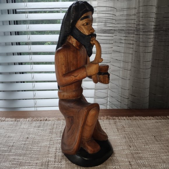 Hand Carved Wood Sculpture VTG Tall Robed Bearded Man Rastafarian Hookah 15" - Picture 3 of 10